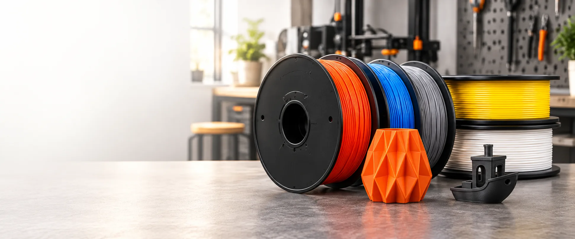 Bobinas de filamento 3D de colores y piezas impresas en un taller