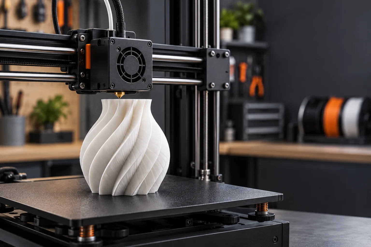 Impresora 3D fabricando un jarrón blanco con acabado en espiral