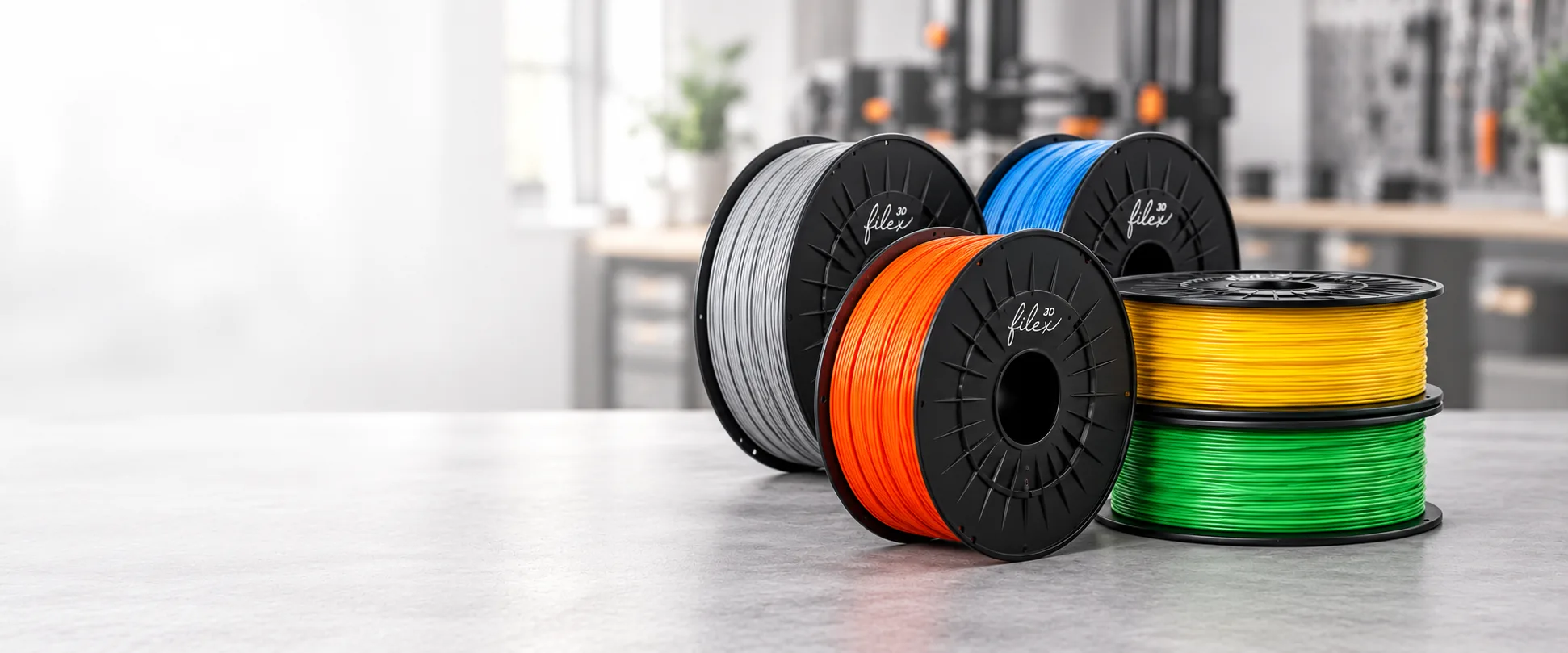 Cinco bobinas de filamento Filex3D de colores